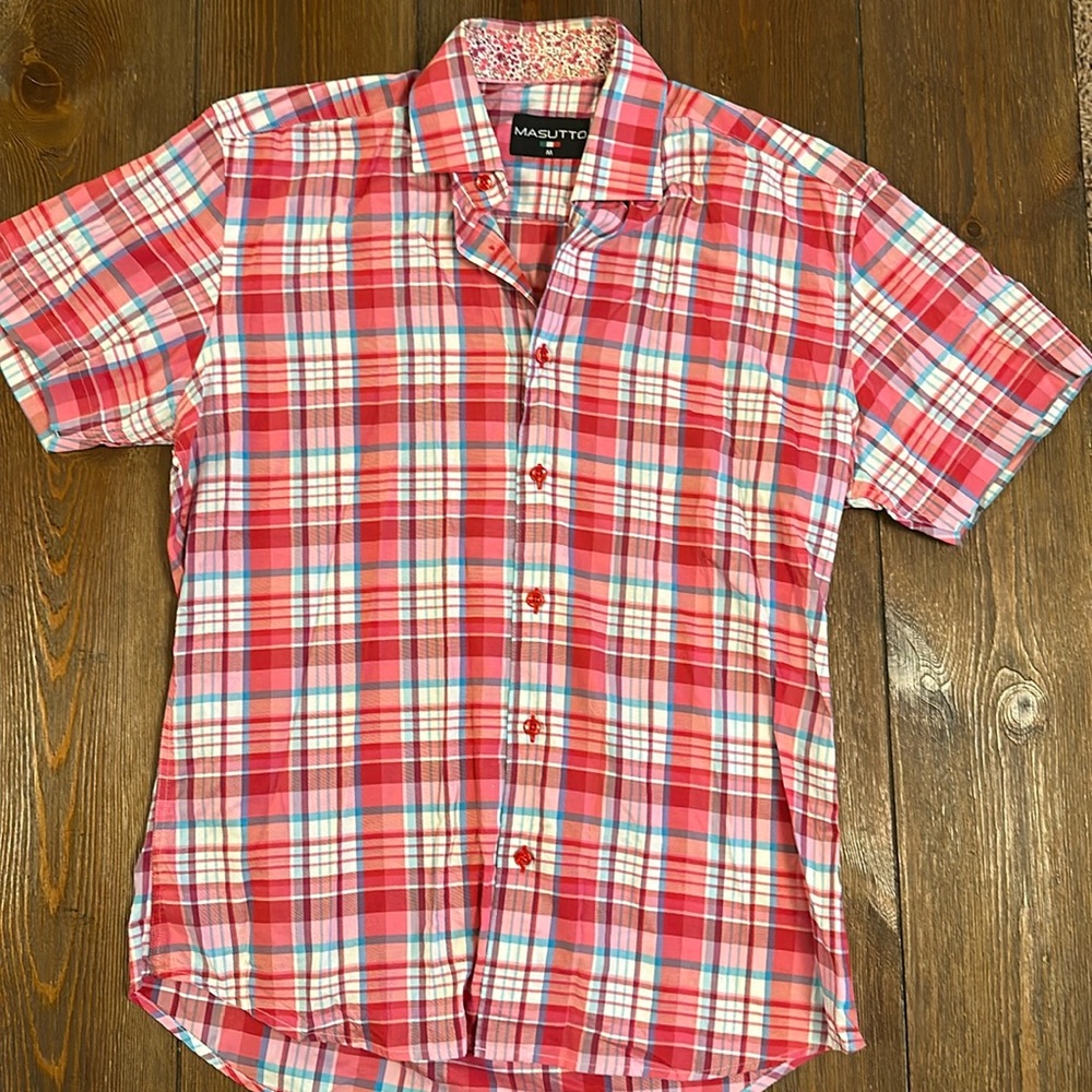 Men’s Masutto Plaid Cotton Short Sleeved Button Down.